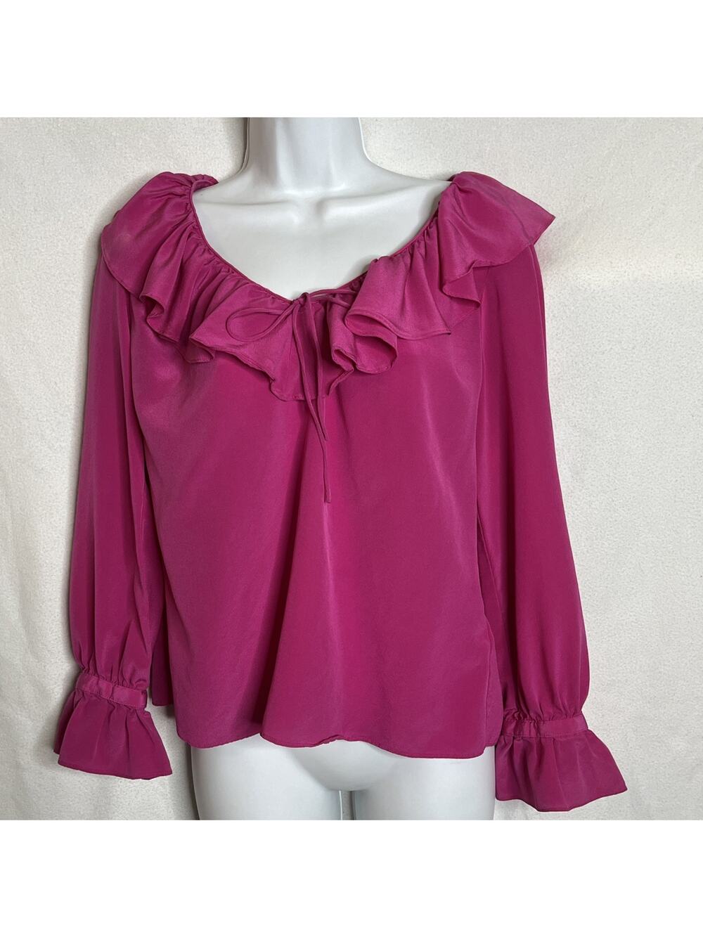 J.Crew Women's S Hot Pink 100% Silk Ruffled Peasant Boho Blouse Top